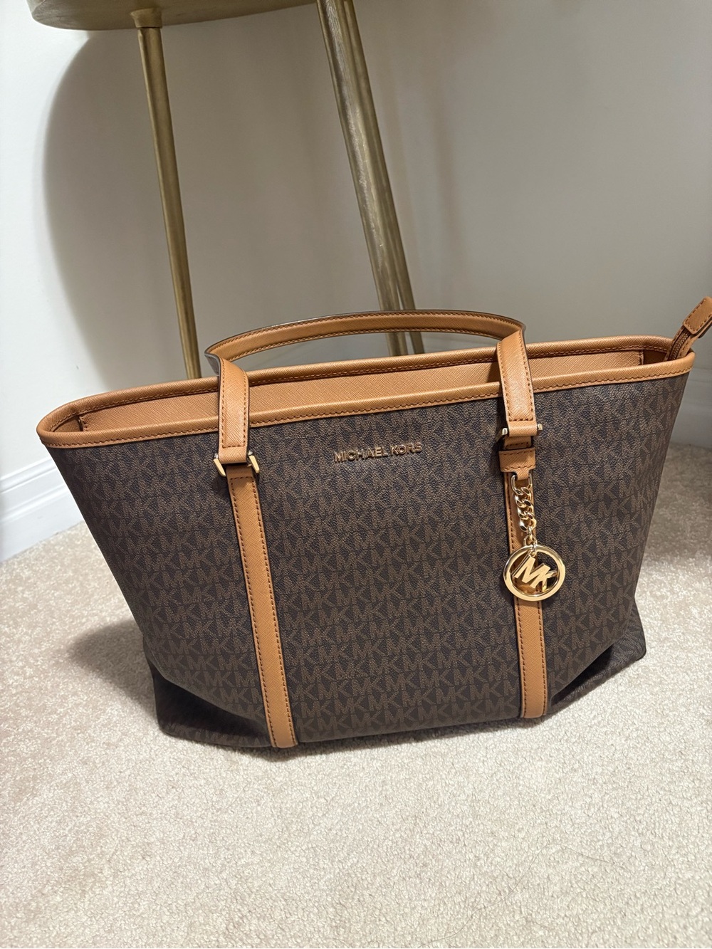Michael Kors Brown & Tan Monogram Tote with Gold Charm - Large